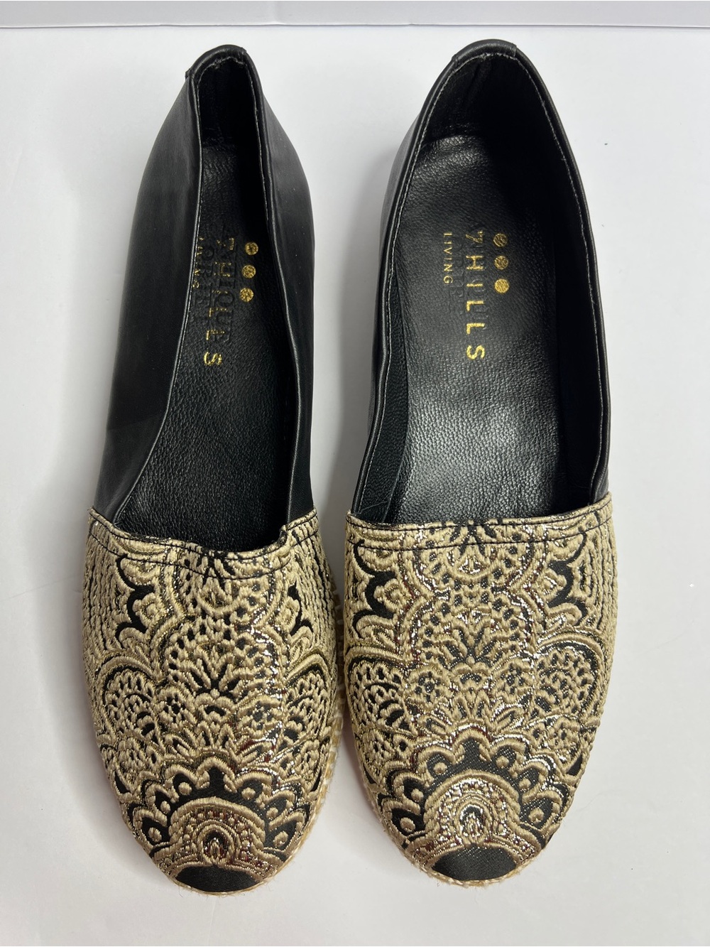 7 Hills Living Embroidered Flats - Black & Gold Artisan Loafers - Size 41 (10)